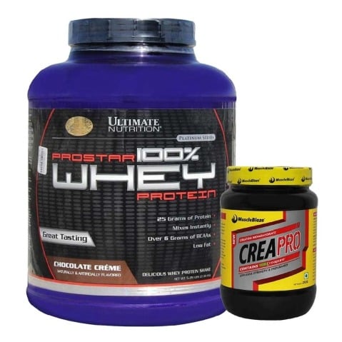 Ultimate Nutrition Prostar 100% Whey Protein, 5.28 lb Chocolate Creme with MuscleBlaze CreaPRO