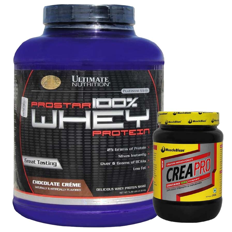 Ultimate Nutrition Prostar 100% Whey Protein, 5.28 lb Chocolate Creme with MuscleBlaze CreaPRO