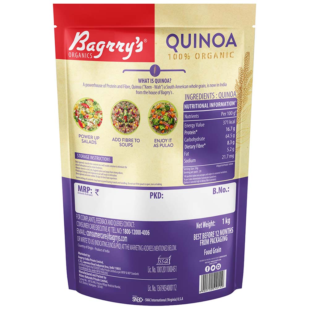 5 - Bagrrys 100% Organic Quinoa,  1 kg  Unflavoured 