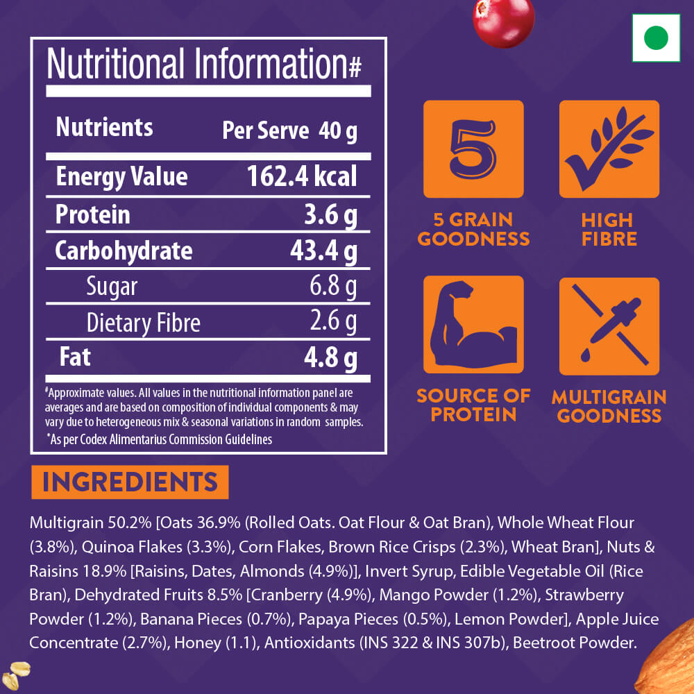 nutrition - Bagrrys Granola,  Exotic Fruits with Cranberries & Almonds  400 g 