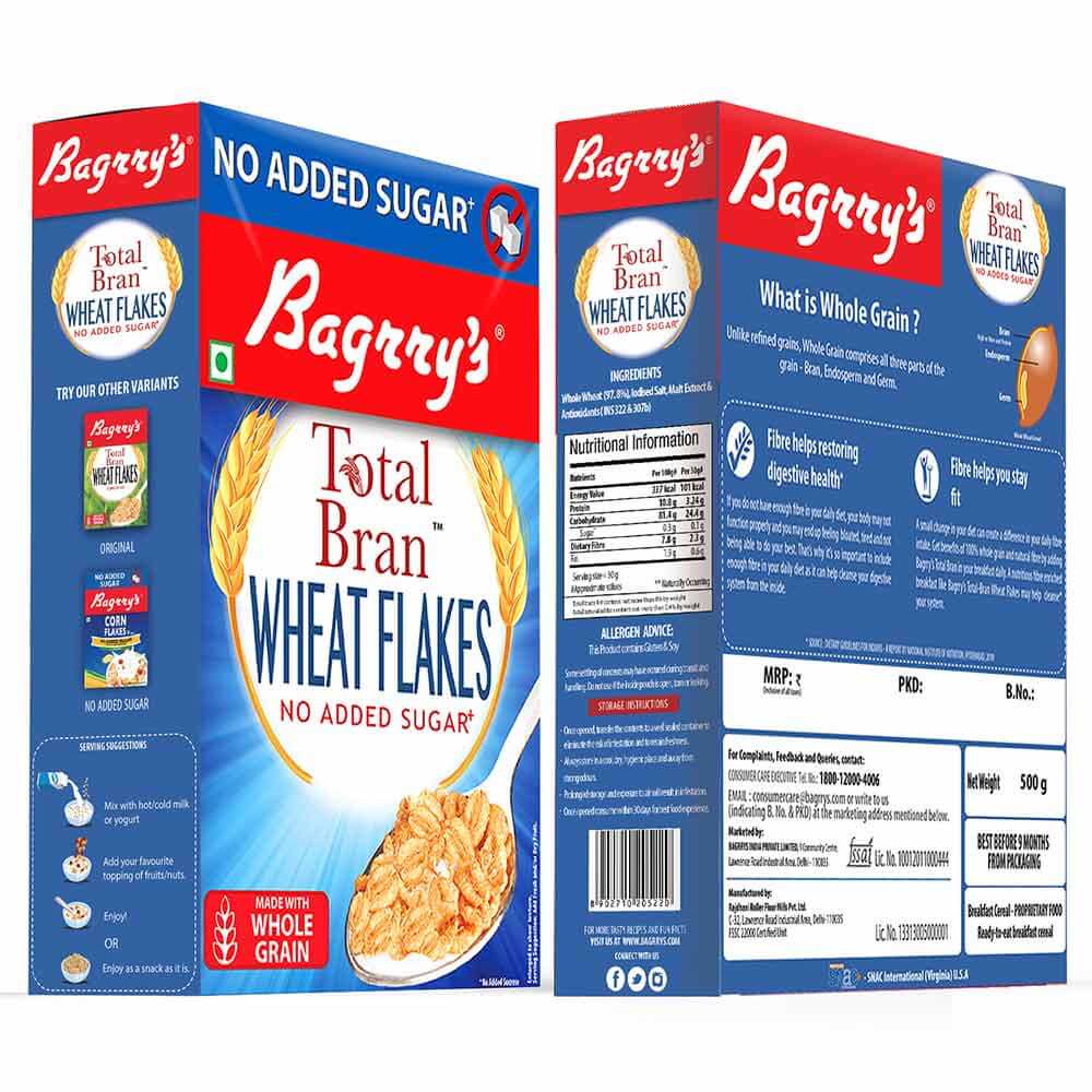 5 - Bagrrys Total Bran Wheat Flakes,  500 g  No Added Sugar 