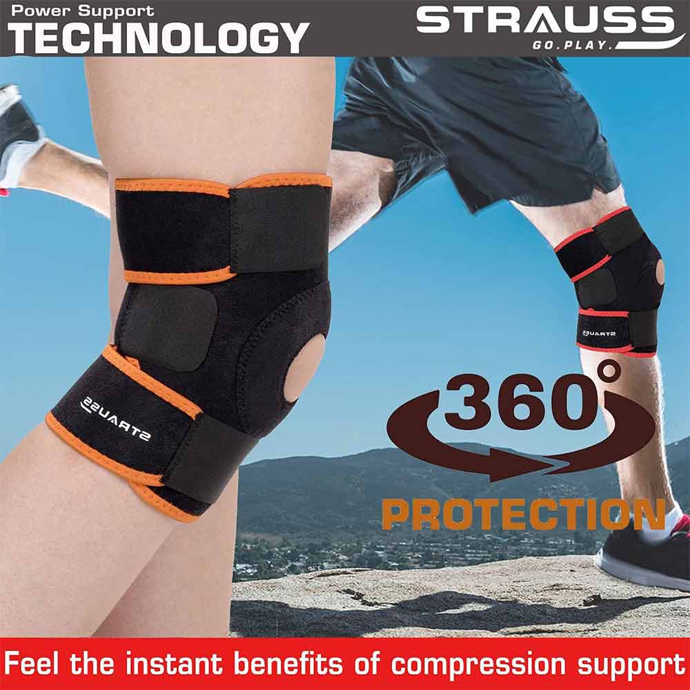 5 - Strauss Adjustable Knee Support Patella,  Black & Orange (Pair)  Free Size 