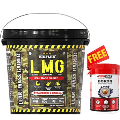1 - Big Flex LMG(Light Machine Gun) Lean Mass Gainer, 6.6 lb Strawberry & Banana + Pharmgrade Healthy Living Boron 60 Tabs Free