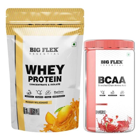 1 - Big Flex Essential Whey Protein Concentrate & Isolate, 2.2 lb Mango Milkshake with Bigflex Essential Bcaa Watermelon 250g