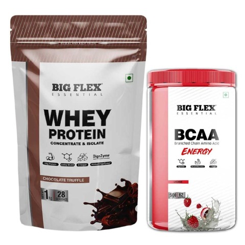 Big Flex Essential Whey Protein Concentrate & Isolate, 2.2 lb Chocolate Truffle with Bigflex Essential Bcaa Energy Lychee 500g