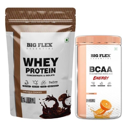 Big Flex Essential Whey Protein Concentrate & Isolate, 2.2 lb Cream & Cookies with Bigflex Essential Bcaa Energy Orange 500g