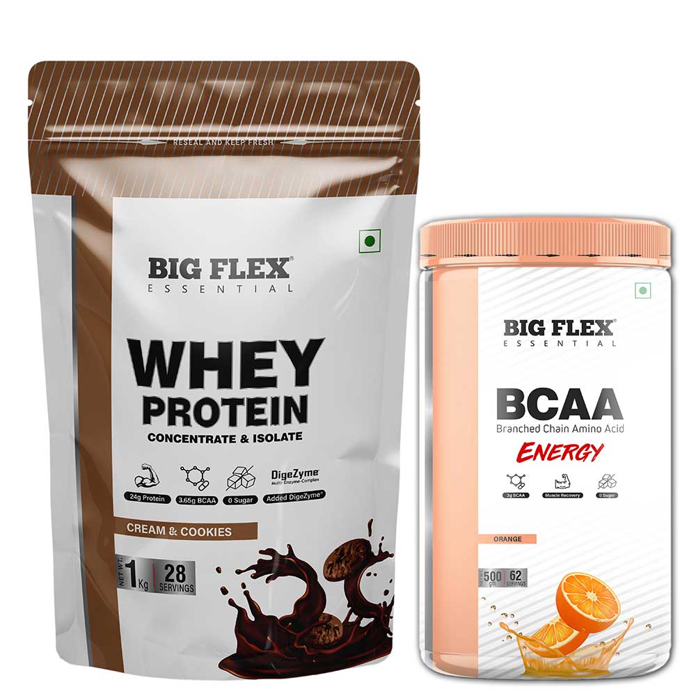 Big Flex Essential Whey Protein Concentrate & Isolate,  2.2 lb  Cream & Cookies with Bigflex Essential Bcaa Energy Orange 500g 