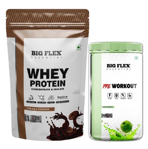 Big Flex Essential Whey Protein Concentrate & Isolate, 2.2 lb Cookies & Cream with Bigflex Essential Pre-Workout Green Apple 400g