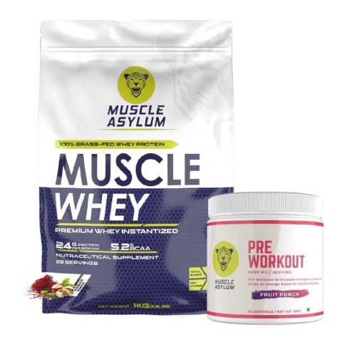 1 - Muscle Asylum Muscle Whey Protein Powder, 2.2 lb Kesar Pista with Muscle Asylum Pre-Workout- Fruit Punch Combo