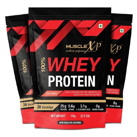 1 - MuscleXP 100% Whey Protein with Digestive Enzyme, 2.2 lb Fruit Berry (Pack of 3)