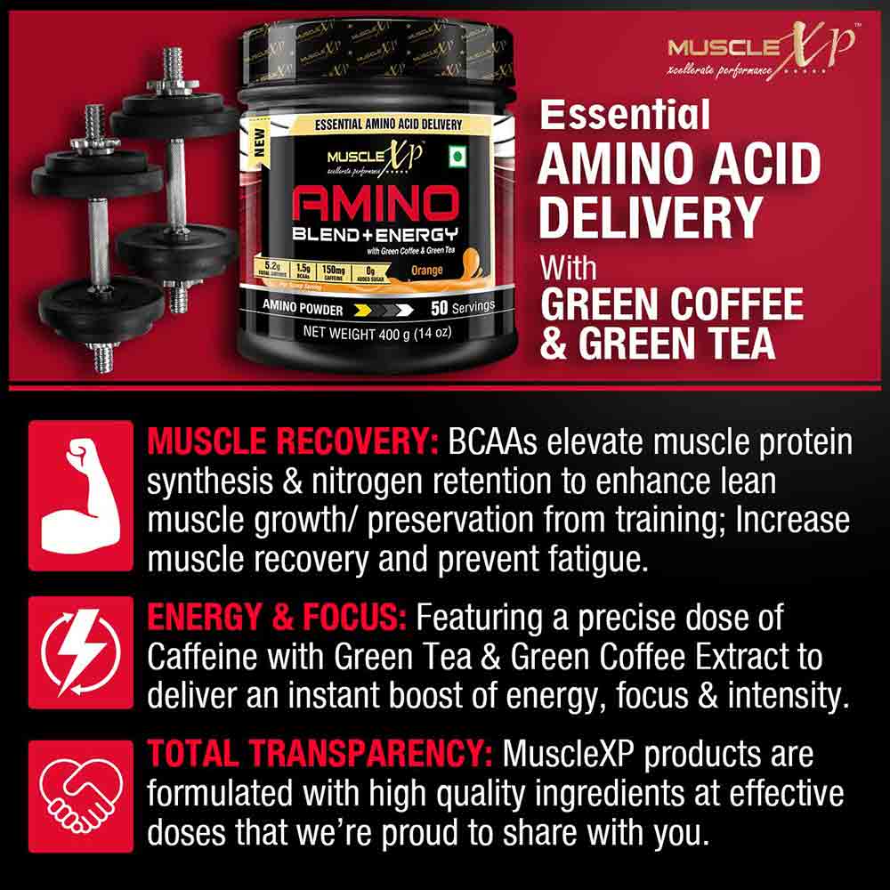 6 - MuscleXP Amino Blend & Energy Powder,  0.88 lb  50 Servings  Orange 