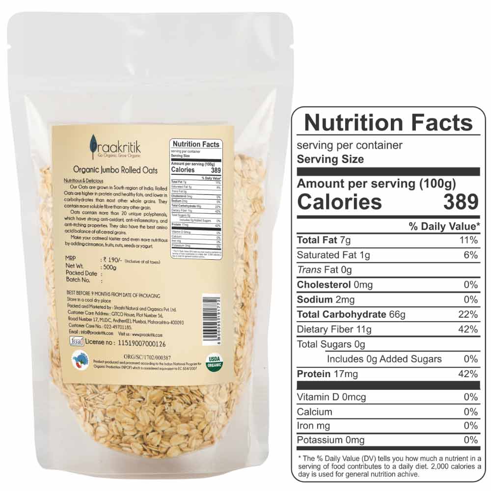 2 - Praakritik Organic Jumbo Rolled Oats (Pack of 2),  500 g  Unflavoured 