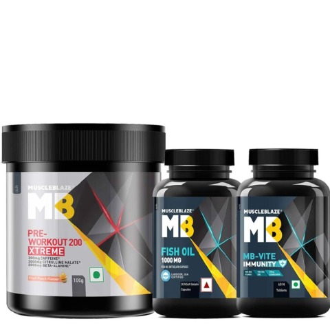 MuscleBlaze PRE Workout 200 Xtreme & Fish Oil & MB-Vite Immunity Combo