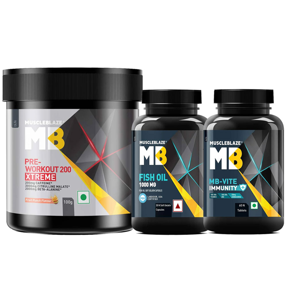 MuscleBlaze PRE Workout 200 Xtreme & Fish Oil & MB-Vite Immunity Combo