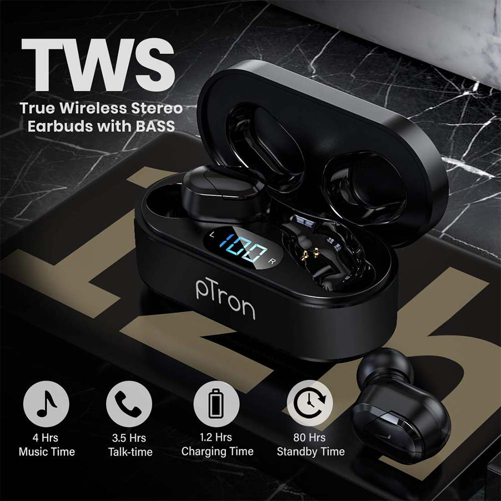 4 - Ptron Bassbuds Plus Wireless Earbuds,  Black 