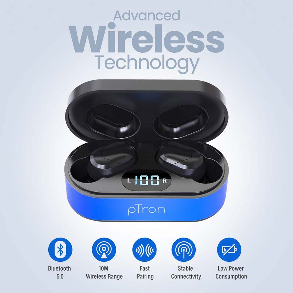 4 - Ptron Bassbuds Plus Wireless Earbuds,  Blue & Black 