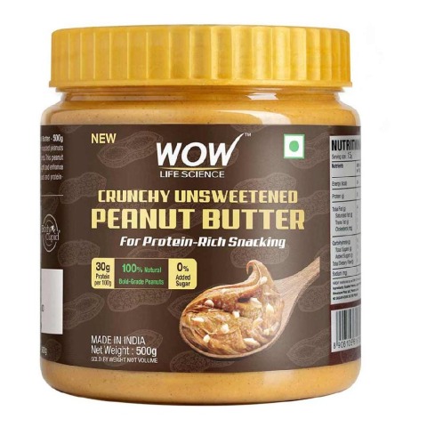 Wow Life Science Unsweetened Peanut Butter, 500 g Crunchy