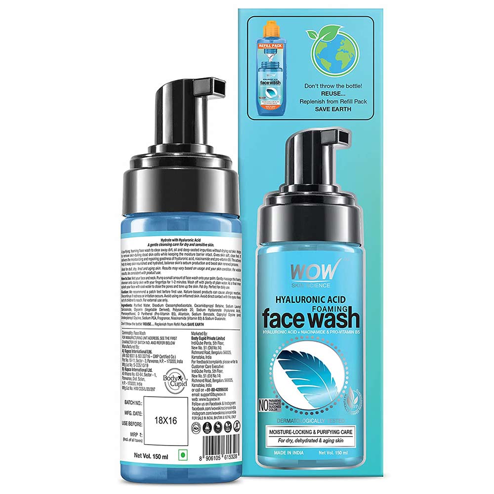 5 - WOW Skin Science Hyaluronic Acid Foaming Face Wash,  150 ml  for Dry, Dehydrated & Aging Skin 