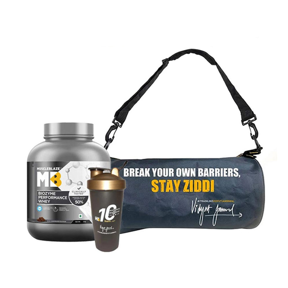 MuscleBlaze Biozyme Performance Whey 2 kg & Gym Bag & Shaker Combo
