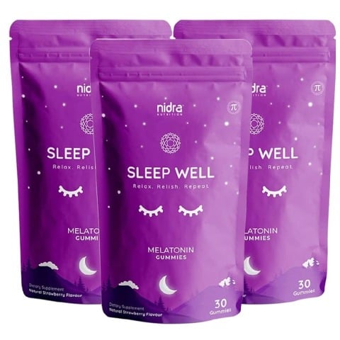 1 - Nidra Nutrition Sleep Well Melatonin 3mg,  30 gummies  Strawberry (Pack of 3) 