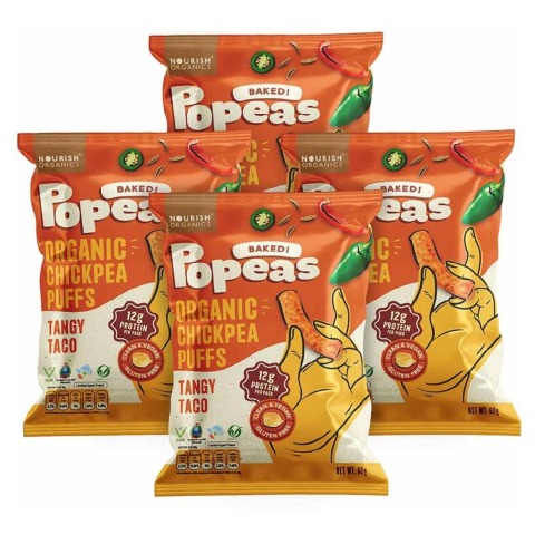 1 - Nourish Organics Popeas Organic Chickpea Puffs, Tangy Taco (Pack of 4) 60 g