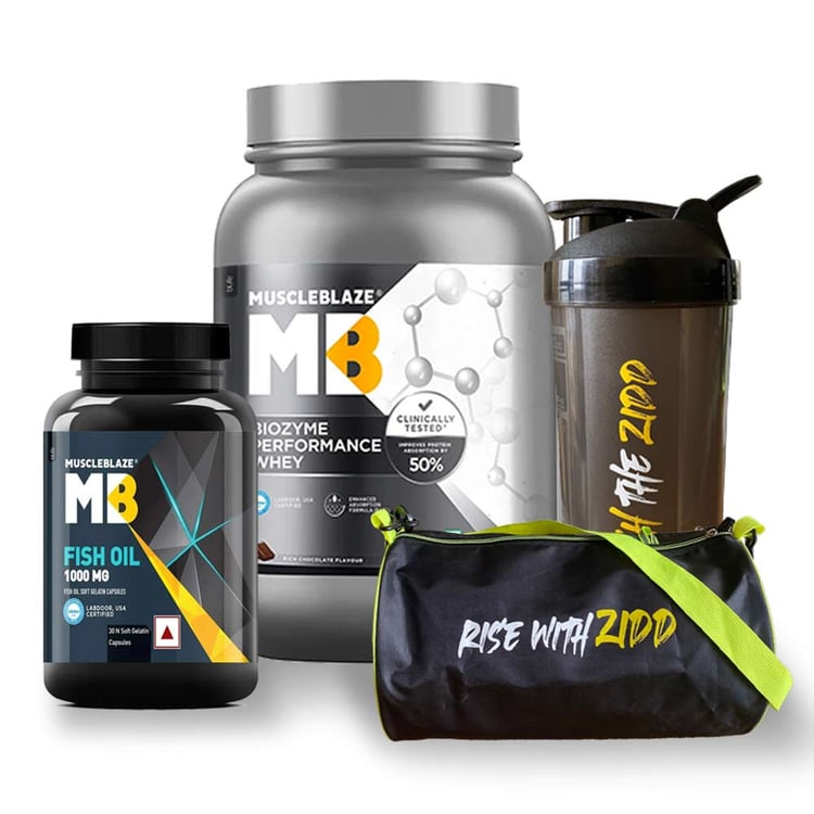 MuscleBlaze Biozyme Performance, Shaker, Gym Bag & Fish Oil Combo
