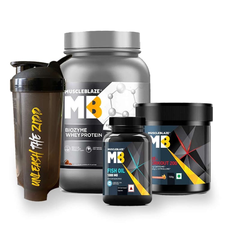 MuscleBlaze Biozyme Whey Protein, Fish Oil, Shaker & Pre Workout Combo