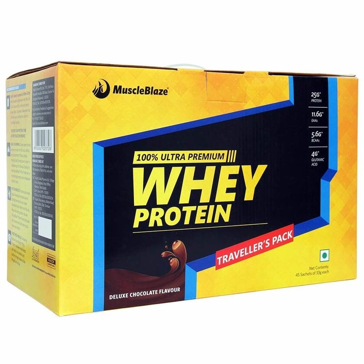 MuscleBlaze Whey Protein Traveller's Pack,  45 sachets/pack  Deluxe Chocolate 