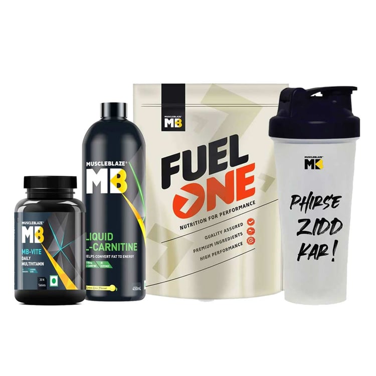 MuscleBlaze Fuel One Whey Protein, Liquid L-Carnitine, MB-VITE Daily Multivitamin & Shaker Combo