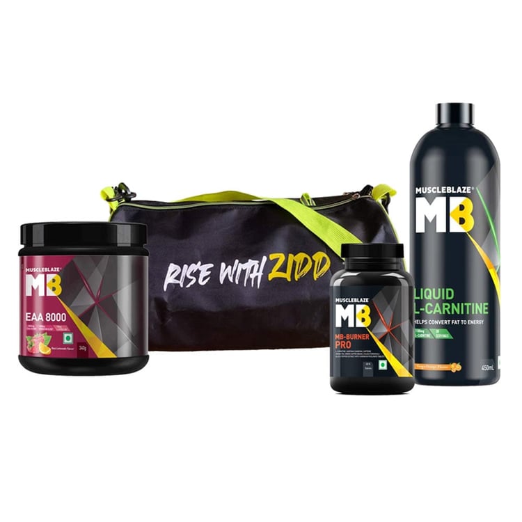 MuscleBlaze Liquid L-Carnitine, Fat Burner PRO, EAA 8000 & Gym Bag Combo