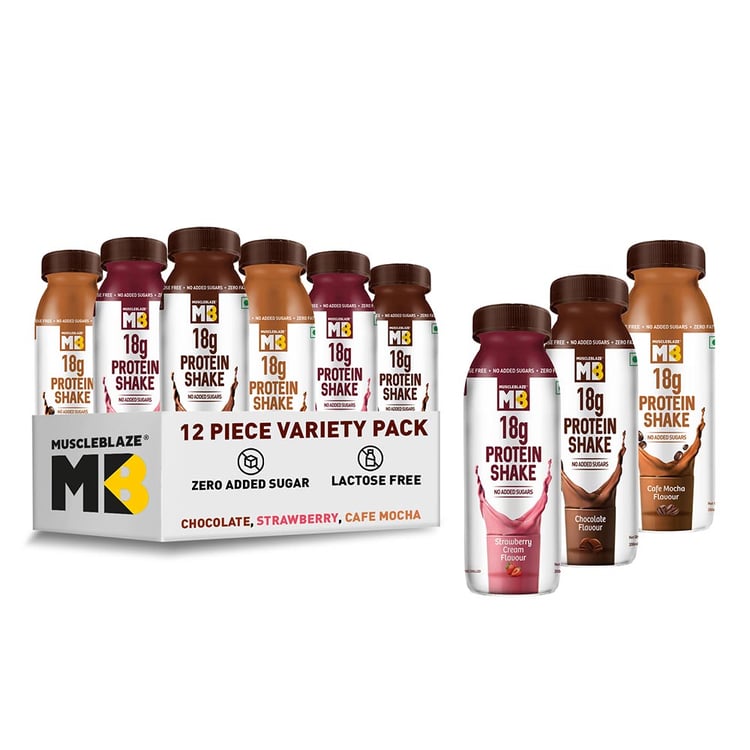 MuscleBlaze 18g Protein Shake (No Added Sugar), 12 Piece(s)/Pack Chocolate,Strawberry Cream & Cafe Mocha