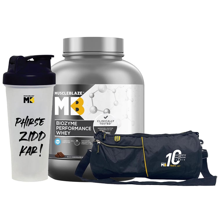 MuscleBlaze Biozyme Performance Whey, Shaker & Gym Bag Combo