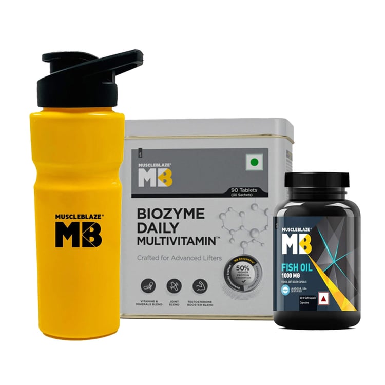 MuscleBlaze Biozyme Daily Multivitamin & Fish Oil 30 caps & Sipper Combo