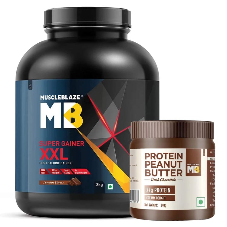MuscleBlaze Super Gainer XXL 3 kg & High Protein Peanut Butter 0.340 kg Combo