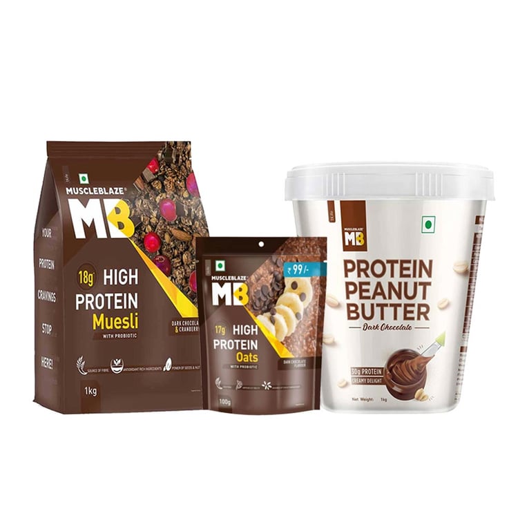MuscleBlaze High Protein Muesli 1 kg & Peanut Butter 1 Kg & Oats 100 g Combo