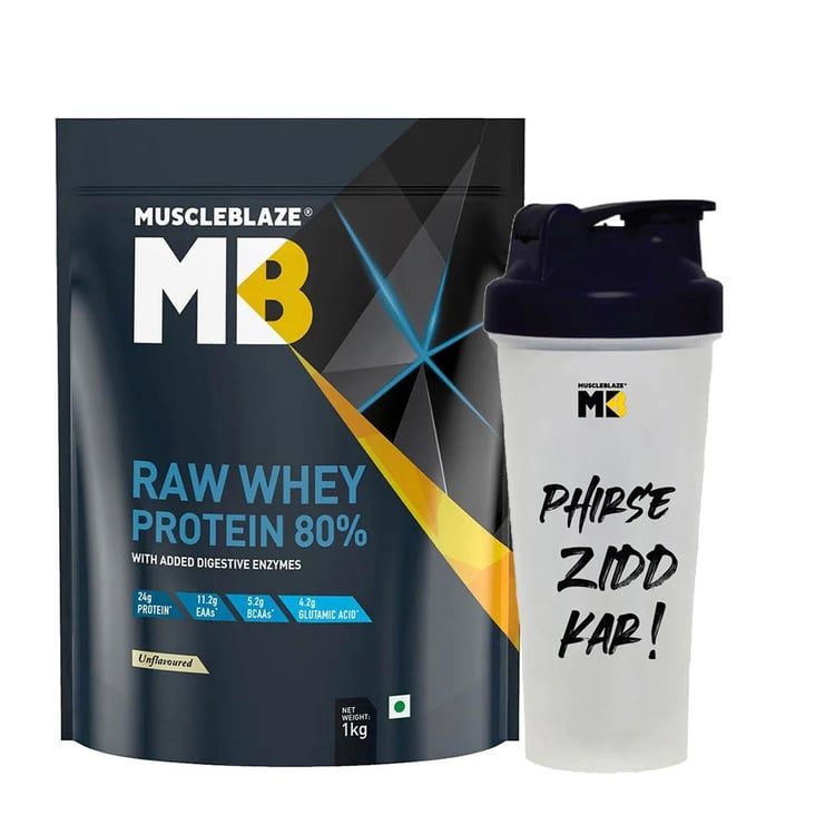 MuscleBlaze 80% Raw Whey Protein Supplement Powder 1 kg & Shaker Combo