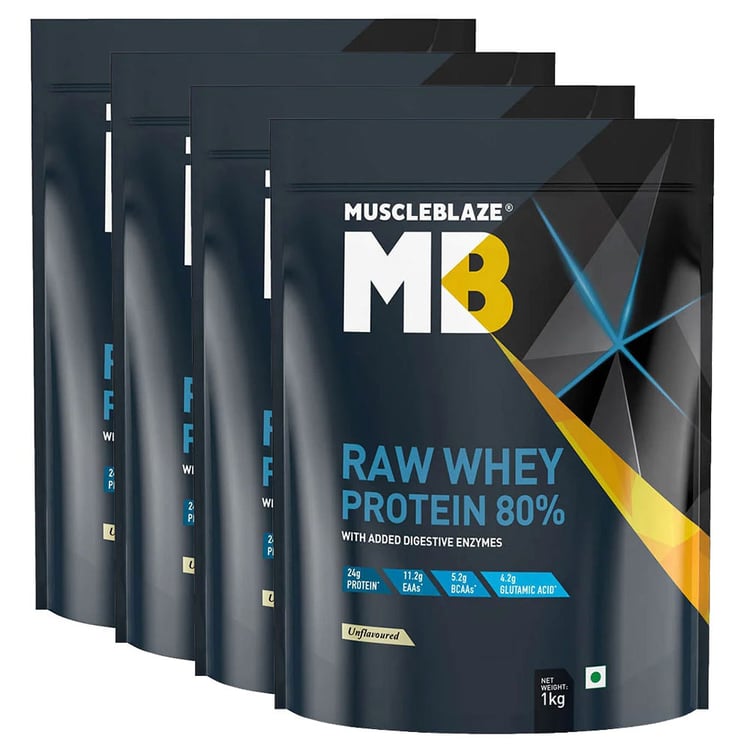 MuscleBlaze Raw Whey Protein 1 Kg Unflavoured - Pack Of 4